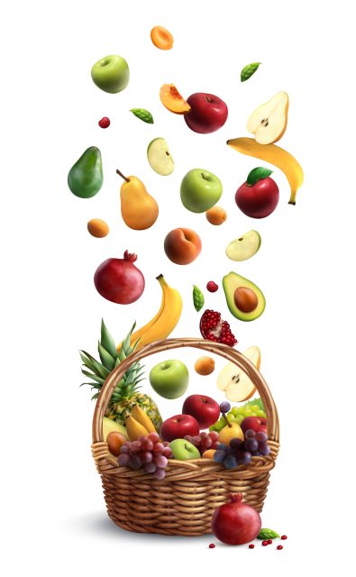 Ripe fruits falling in traditional wicker basket with handle realistic composition with pear banana apple vector illustration